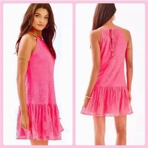 NWT Lilly Pulitzer Isabeau Dress Neon Hot Pink Pineapple Lace with tassels